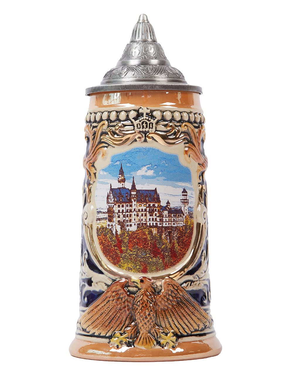 NENBOLEC Bierkrug mit Zinndeckel Bierseidel Steinkrug Gravur Deutsch Schloss Beer Stein 0.7L