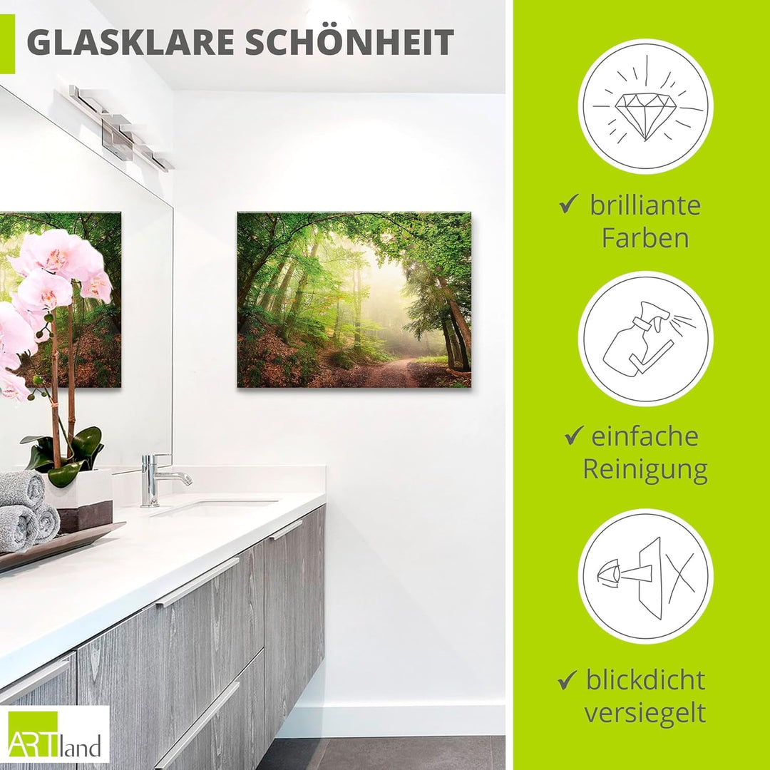 Glasbilder Wandbild Glas Bild einteilig 80x60 cm Querformat Wald Baum Natur Landschaft Nebel Sonne S