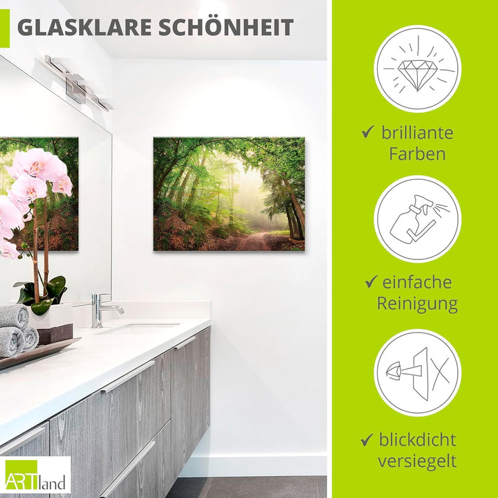 Glasbilder Wandbild Glas Bild einteilig 80x60 cm Querformat Wald Baum Natur Landschaft Nebel Sonne S