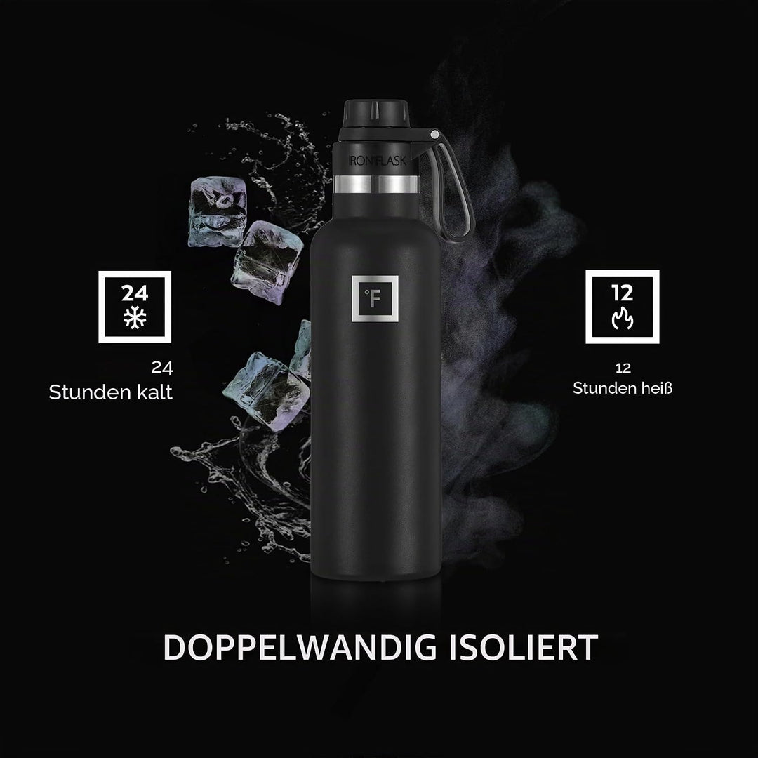 IRON °FLASK Sportwasserflasche mit schmalem Mund - 24 Unzen, 3 Deckel (Auslaufdeckel), vakuumisolier