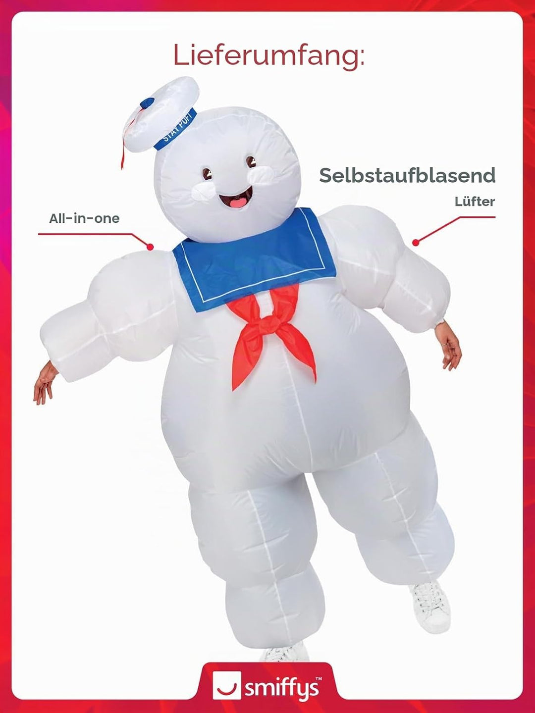 Smiffys 52563 Offizielles Lizenzprodukt Ghostbusters Aufblasbares Stay Puft Kostüm, Unisex – Erwachs