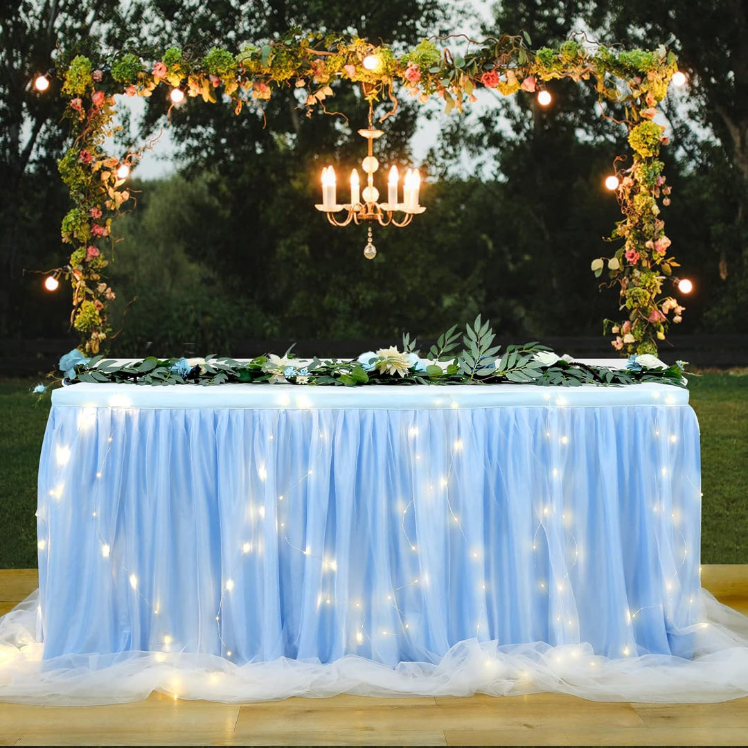 HBBMAGIC Baby Blau Tüll Tischrock Mit Licht, 2-Langer 275cm Lang Blau Rüschen Tulle Tischröcke, Wasc