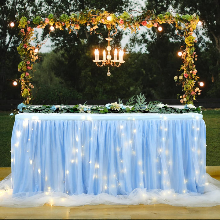 HBBMAGIC Baby Blau Tüll Tischrock Mit Licht, 2-Langer 275cm Lang Blau Rüschen Tulle Tischröcke, Wasc