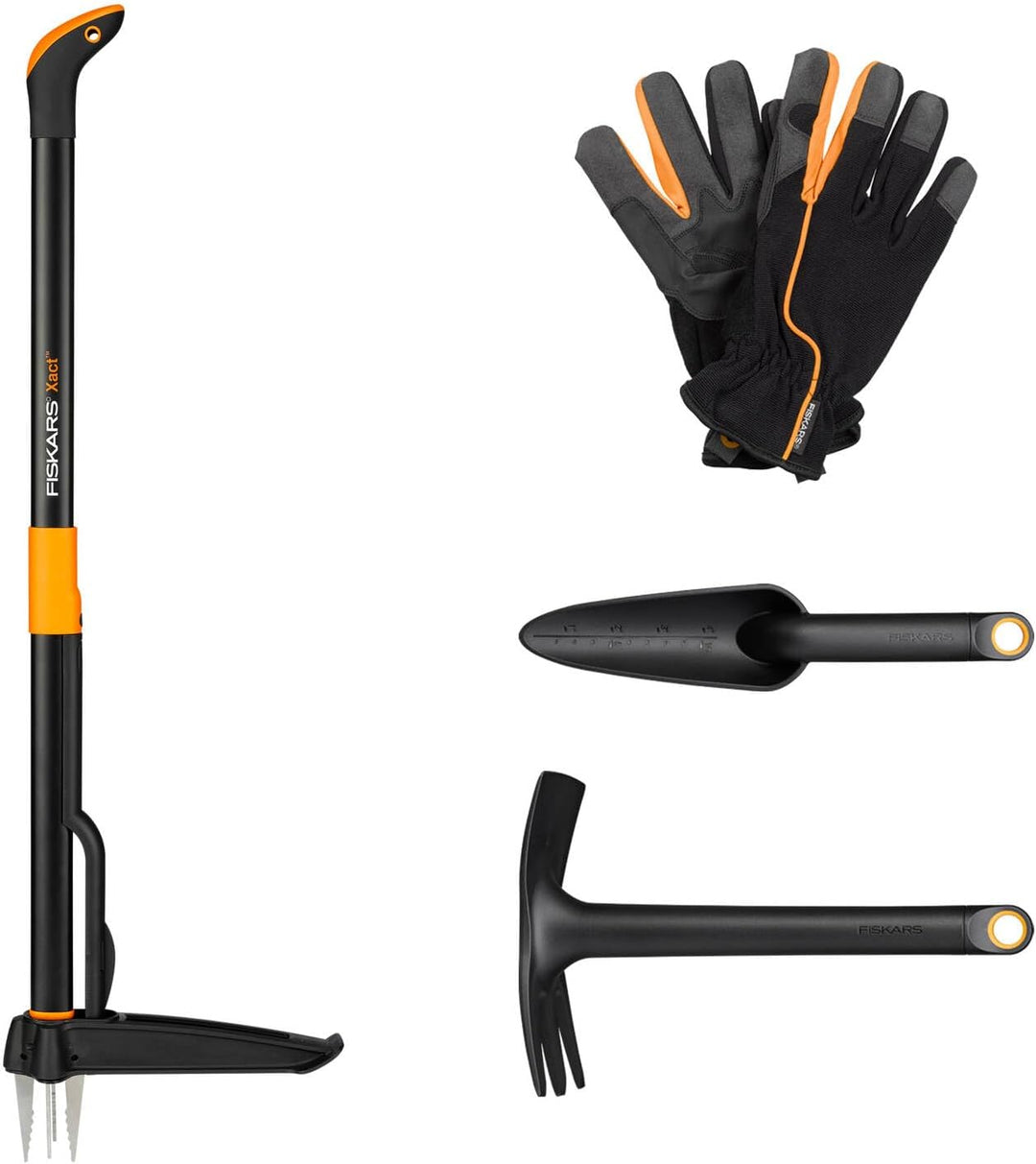 Fiskars Gartenwerkzeuge-Set, 4-teilig, Xact Unkrautstecher, Rostfreier Stahl/Kunststoff, Solid-Kombi