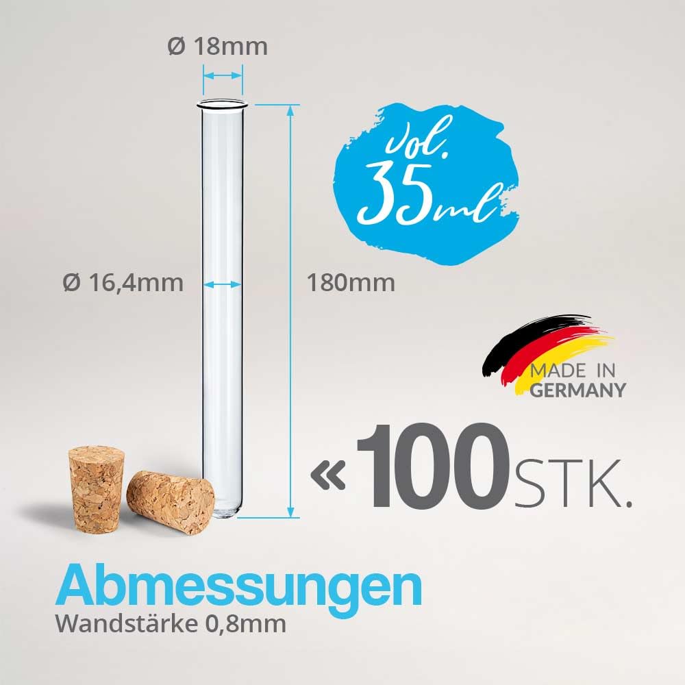 Tuuters 100x Glas Reagenzgläser mit Korken (dunkelbraun), mit Rand, Bördelrand (180 x Ø18mm), 180 x