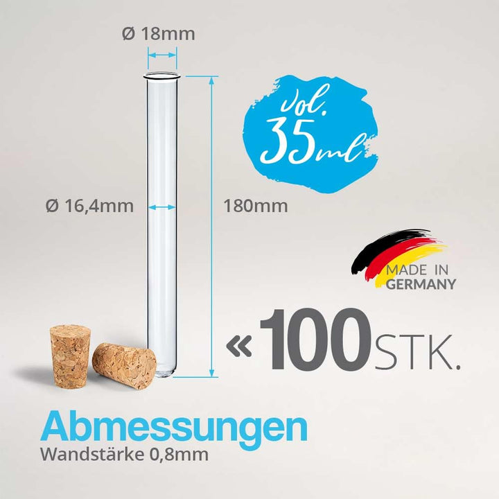 Tuuters 100x Glas Reagenzgläser mit Korken (dunkelbraun), mit Rand, Bördelrand (180 x Ø18mm), 180 x