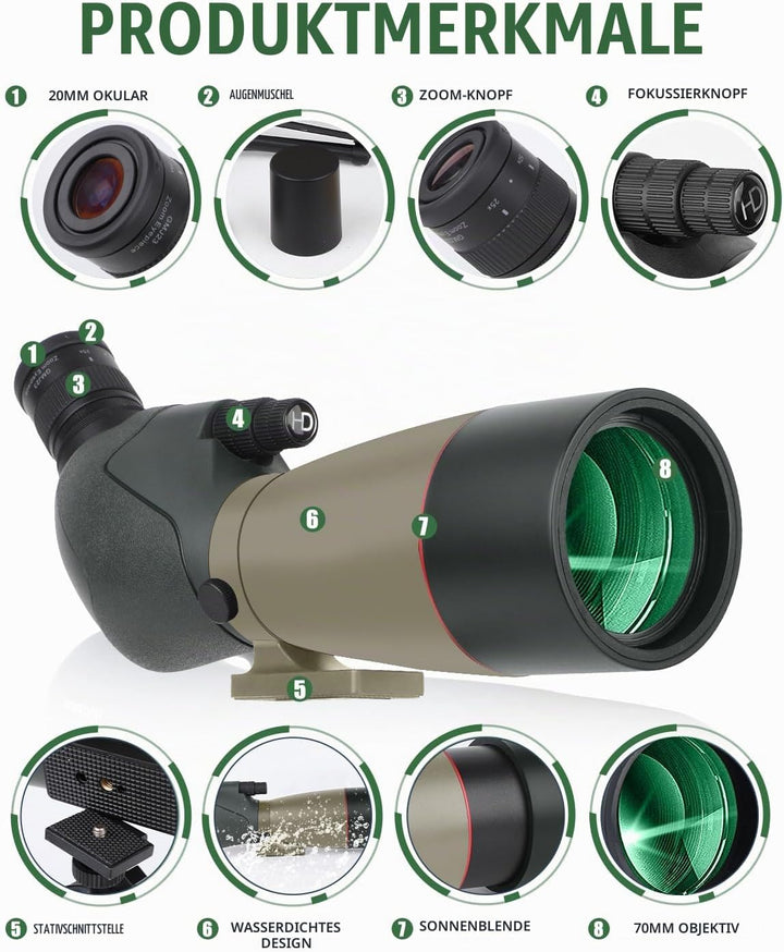 25-75x70 HD Spektiv Sportschützen mit Stativ- und Smartphone-Adapter, Zoom Bak4 Prism FMC Lens 45-Gr