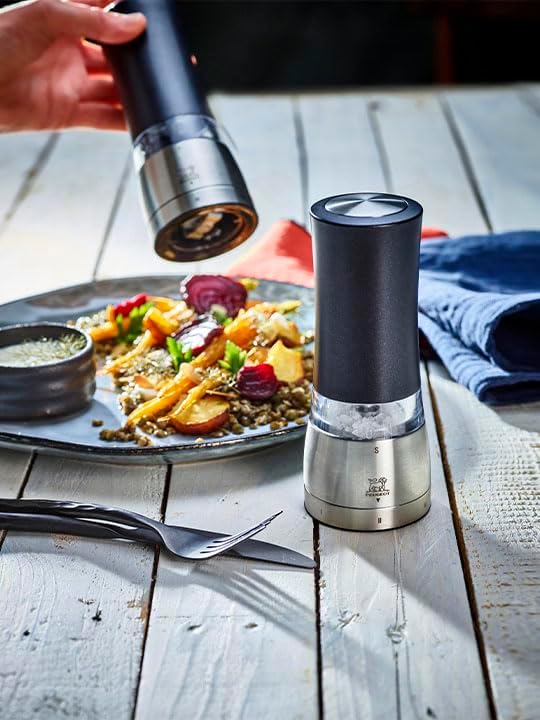 PEUGEOT - elektrische u‘Select-Pfeffer- und Salzmühlen Daman 16 cm im Set + Pfefferkörner + Steinsal