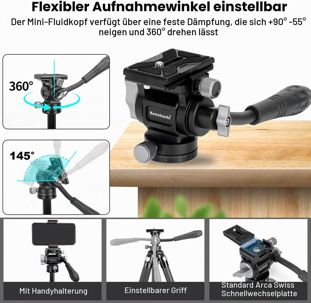 Koolehaoda Kamera Stativ Reisestativ 160 cm Carbon Stativ mit 360° Panorama Fluidkopf & Kurze Mittel