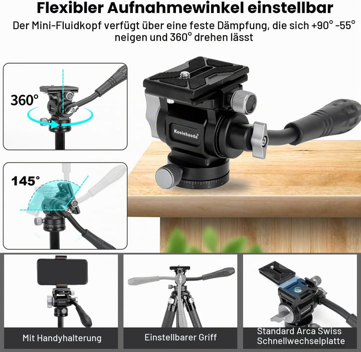 Koolehaoda Kamera Stativ Reisestativ 160 cm Carbon Stativ mit 360° Panorama Fluidkopf & Kurze Mittel