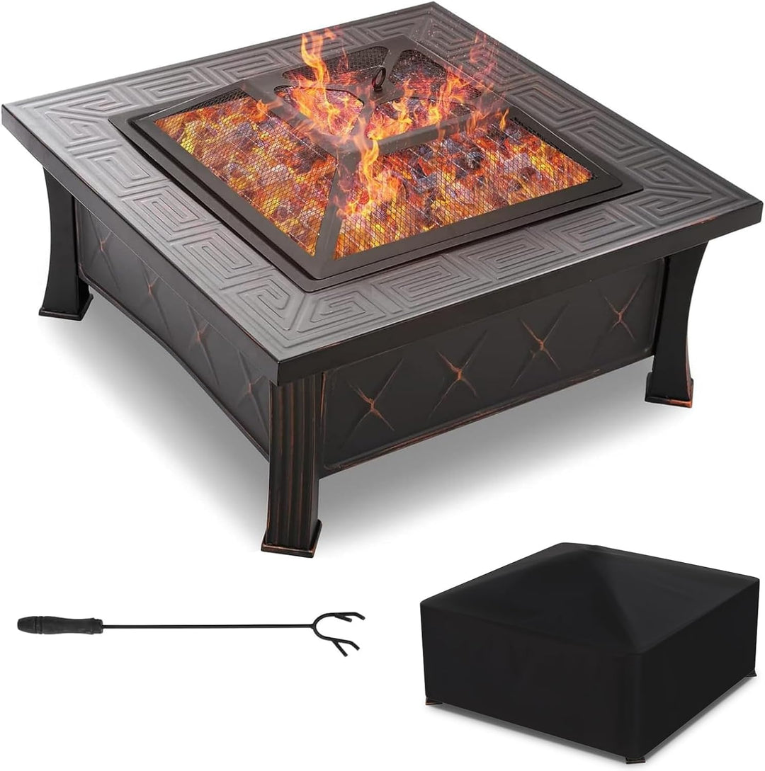Feuerschale mit Grillrost und Funkenschutz, 3 in 1 Feuerstelle Outdoor Quadratisch mit Abdeckung, Fe