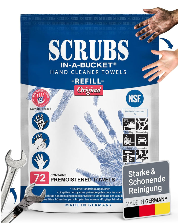 SCRUBS in-a-bucket mit nachhaltigem SCRUBS Refill Nachfüllpack mit je 72 Stück Handreinigungstücher
