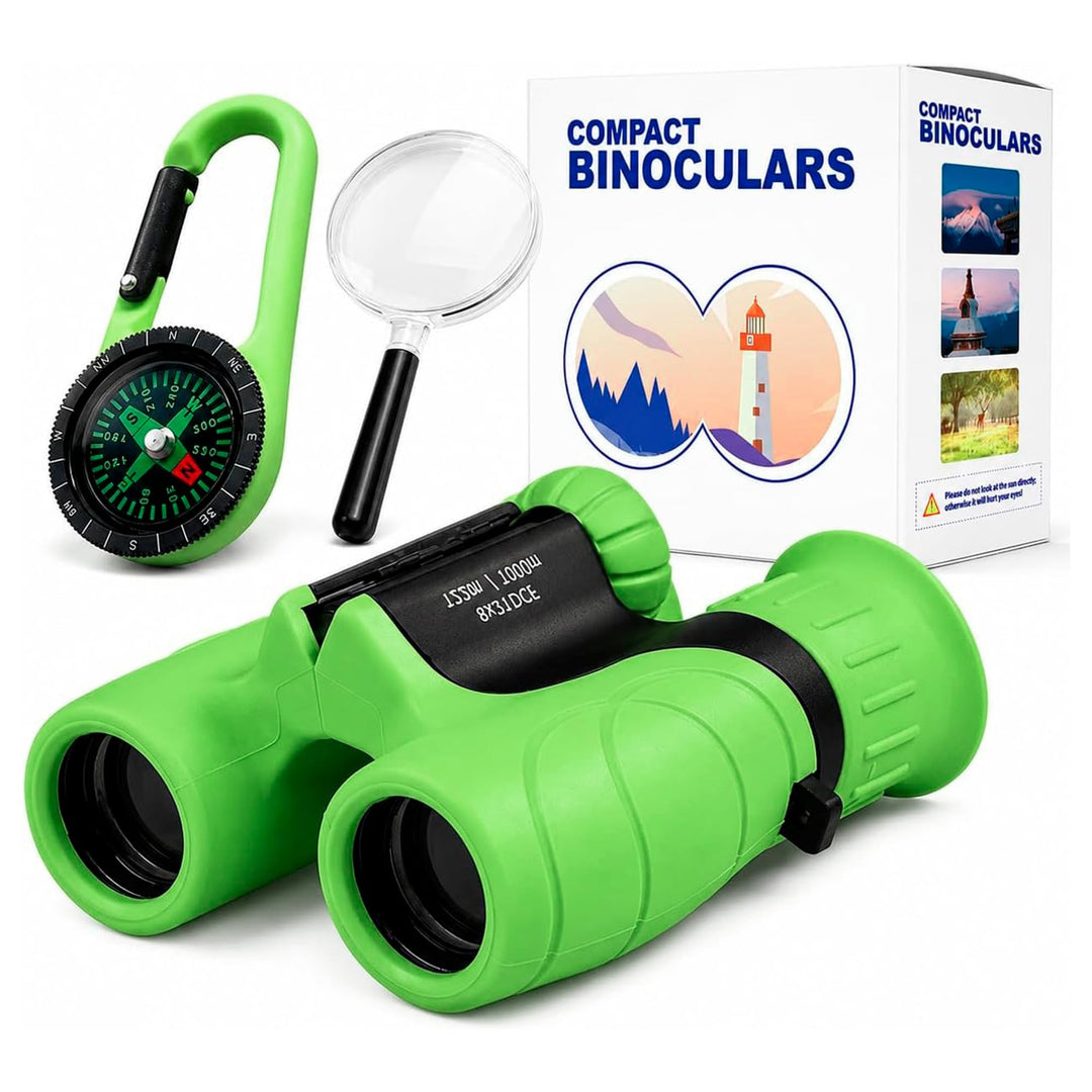 Kinderfernglas 8x21 – Entdecker-Set mit Lupe, Kompass, Tasche und Trageband für Wald, Zoo, Wandern,