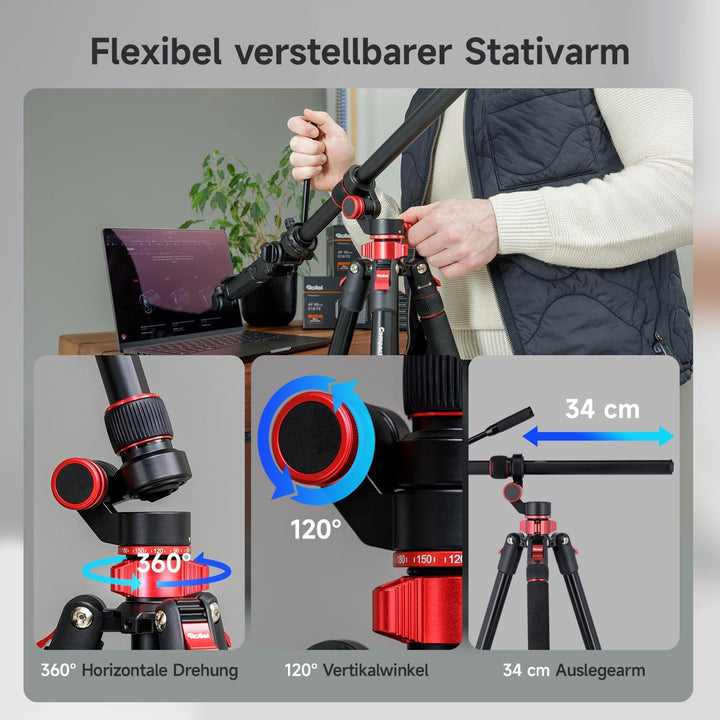 Rollei Compact Traveler No.2 XL Video Stativ Kamera mit Auslegearm 212cm Aluminium Kamerastativ mit