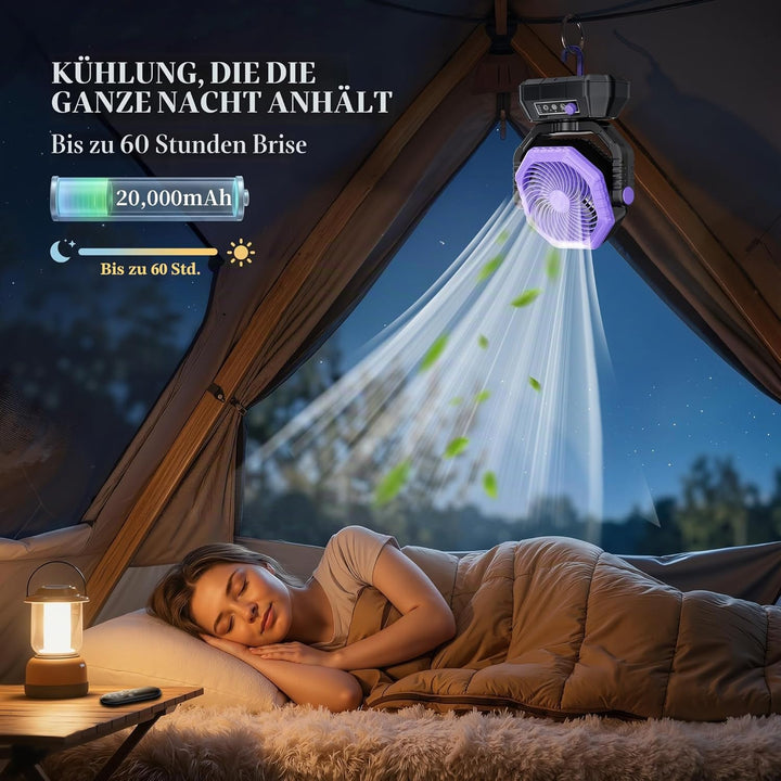 VTHW Camping Ventilator, 20000mAh Wiederaufladbarer Ventilator mit LED Licht & Haken, 270° Drehung,