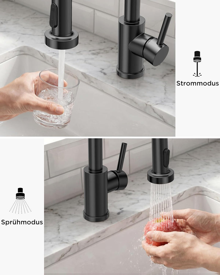 FORIOUS Wasserhahn Küche Schwarz, Hoher Bogen Hochdruck Küchenarmatur mit Herunterziehen Brause Arma