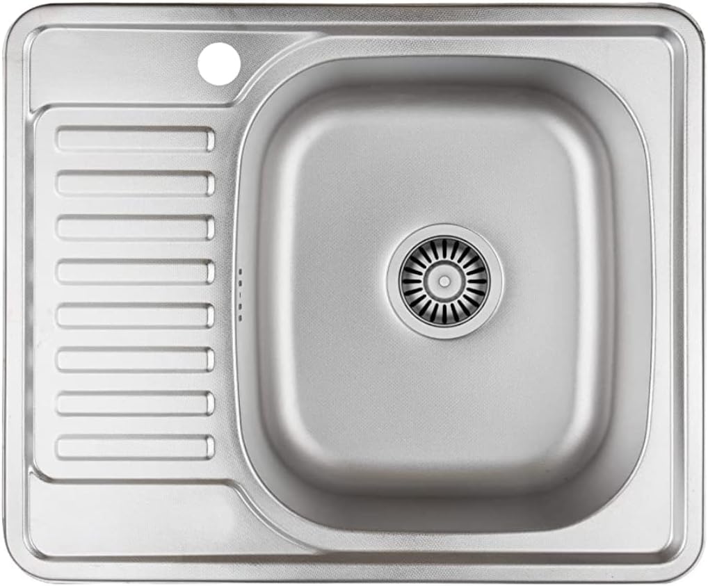 VBChome Einbauspüle mit Armatur 58x48 Leinenstruktur Links Edelstahl Küchenspüle Spüle Ablagefläche