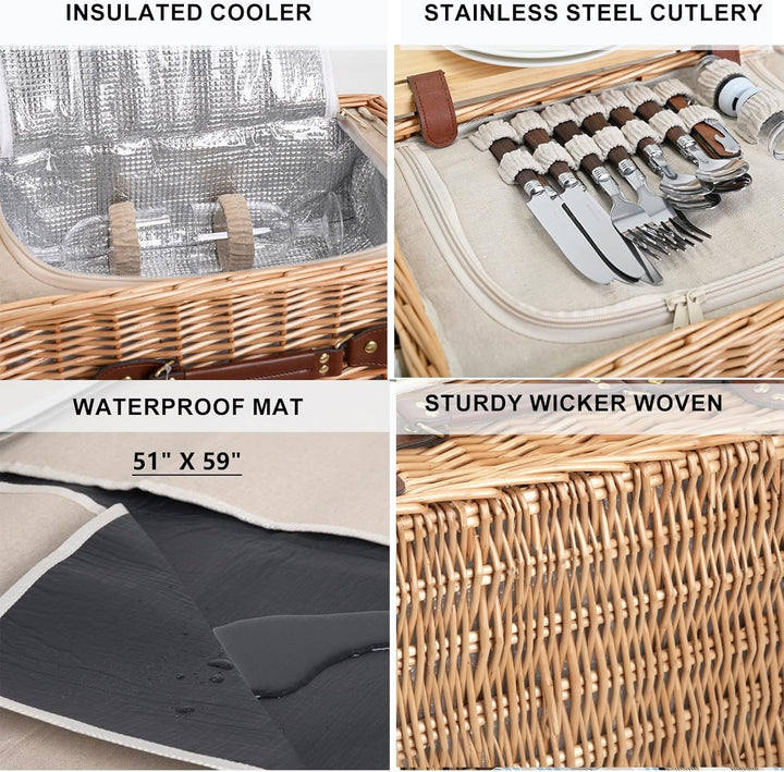 Multifunktionales Picknickkorb-Set aus Weidengeflecht für 4 Personen mit Decke und Picknicktisch, is