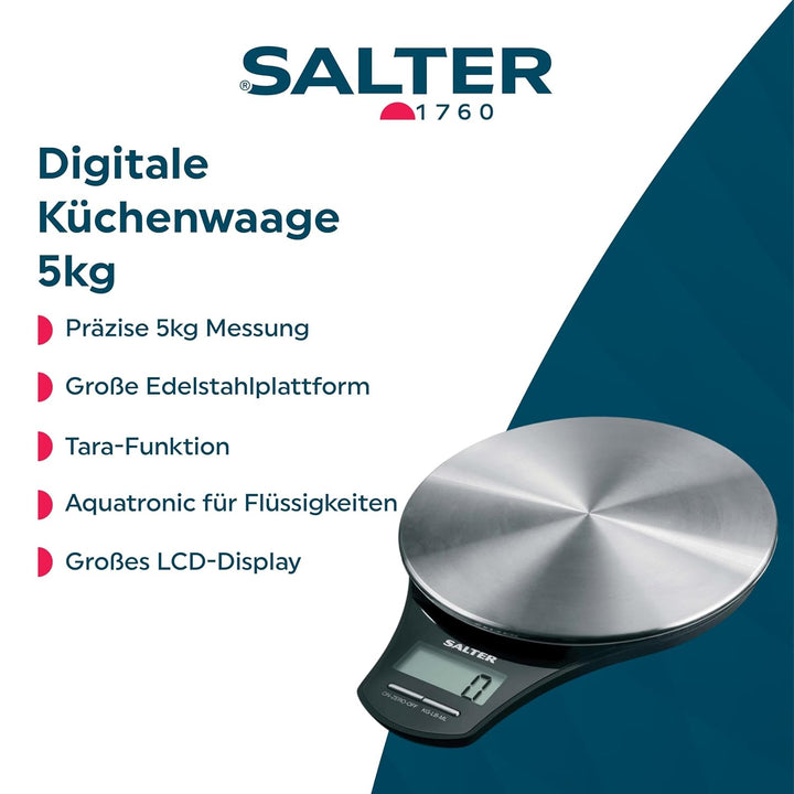 Salter 1035 SSBKDR digitale Küchenwaage - runde Edelstahlplattform, präzise Masse, max 5 kg, LCD-Dis