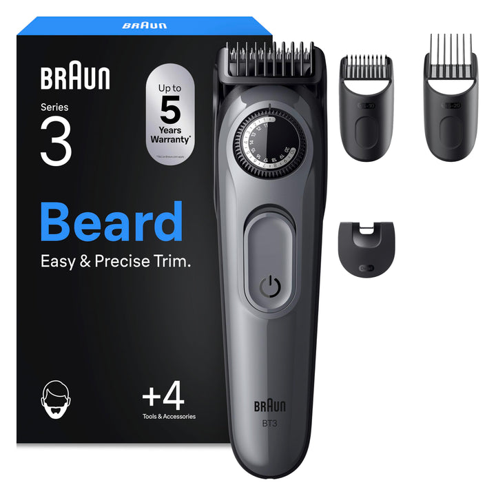 Braun Barttrimmer Series 3, Elektrischer Bartschneider Herren, 4 Zubehörteile, Ultrascharfe ProBlade