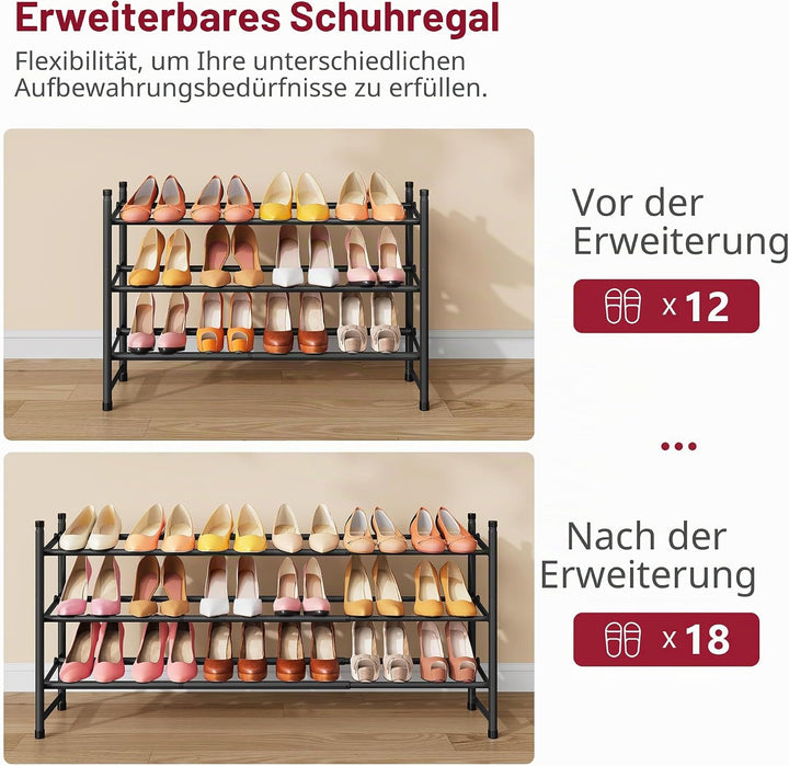 Tajsoon 3-stöckiges, Ausziehbares Schuhregal, 28–41 Zoll Verstellbar und Stapelbar, Schuhablage aus
