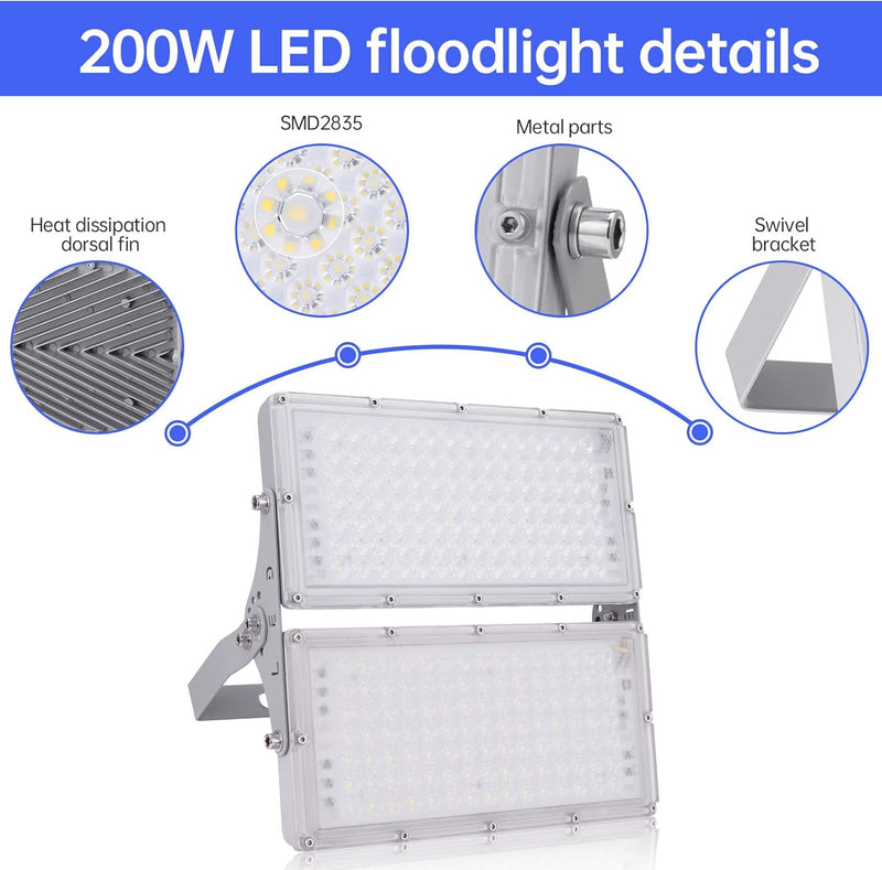 Bellanny LED Strahler 200W 20000LM Superhell LED Fluter, 6500K Kaltweiss LED Flutlicht - IP65 Wasser