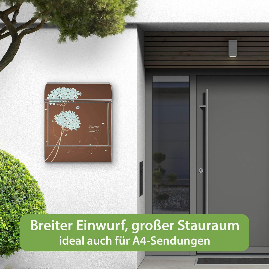 banjado® Design Briefkasten personalisiert Motiv WT Blaue Hortensie 39x47x14cm & 2 Schlüssel - Brief