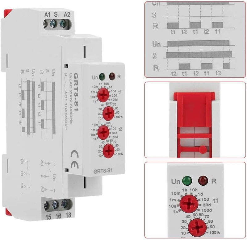 Broco Timer Din, GRT8-S1 Mini Asymmetrischer Zyklus-Timer EIN/AUS Wiederholungszykluszeitrelais DIN-