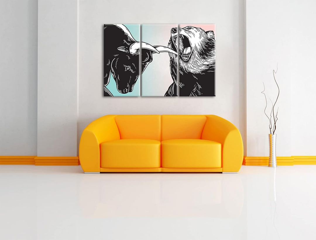 Pixxprint Bulle und Bär Aktienmarktals Leinwandbild 3 teilig | Grösse: 120x80 cm | Wandbild | Kunstd