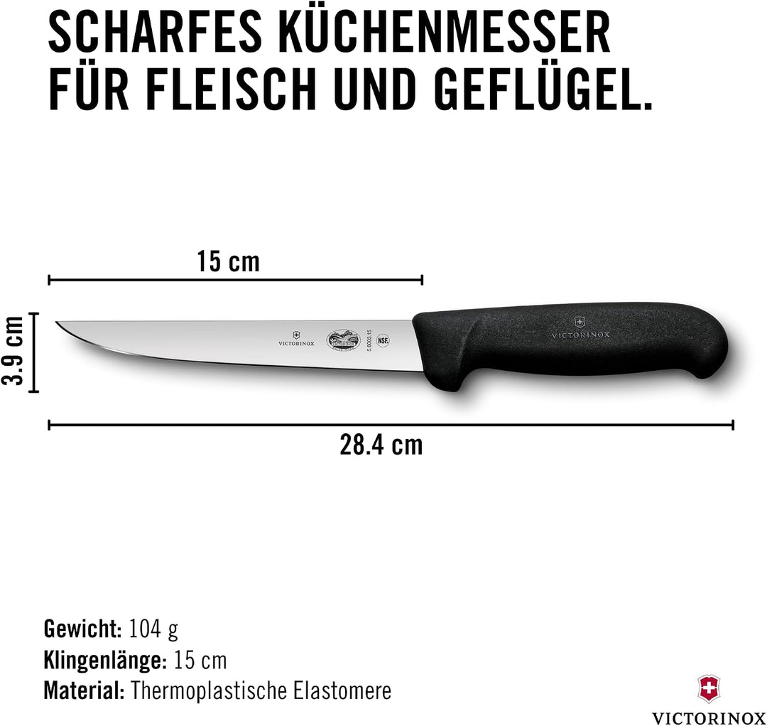Victorinox Fibrox Ausbeinmesser, Scharfes Küchenmesser für Fleisch und Geflügel, 15 cm, Gerade Kling