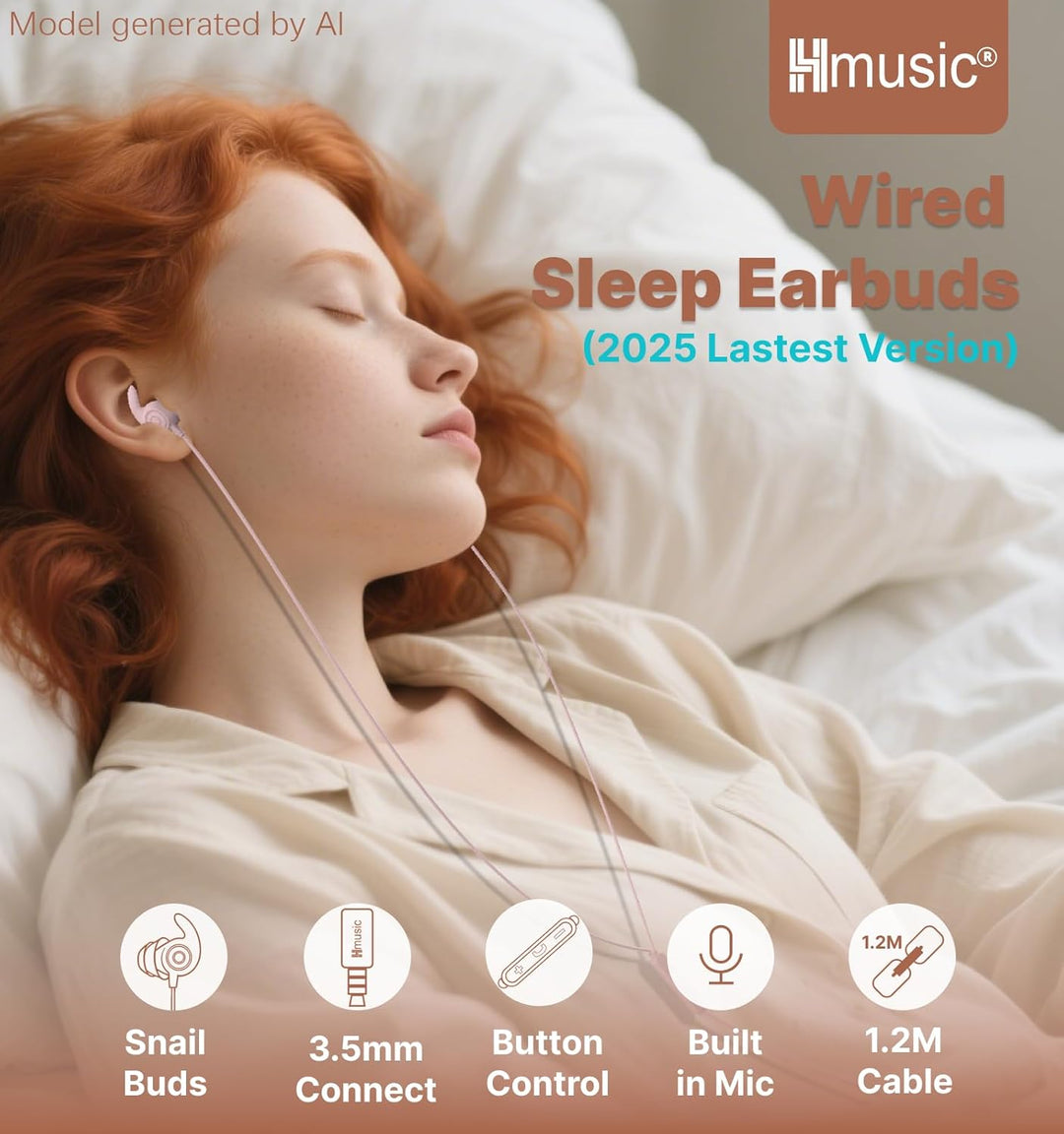 Hmusic Schlaf Ohrhörer, 30dB Geräuschisolierung, 2g leicht 3,5mm Kopfhörer, flach/dünn Komfortable S
