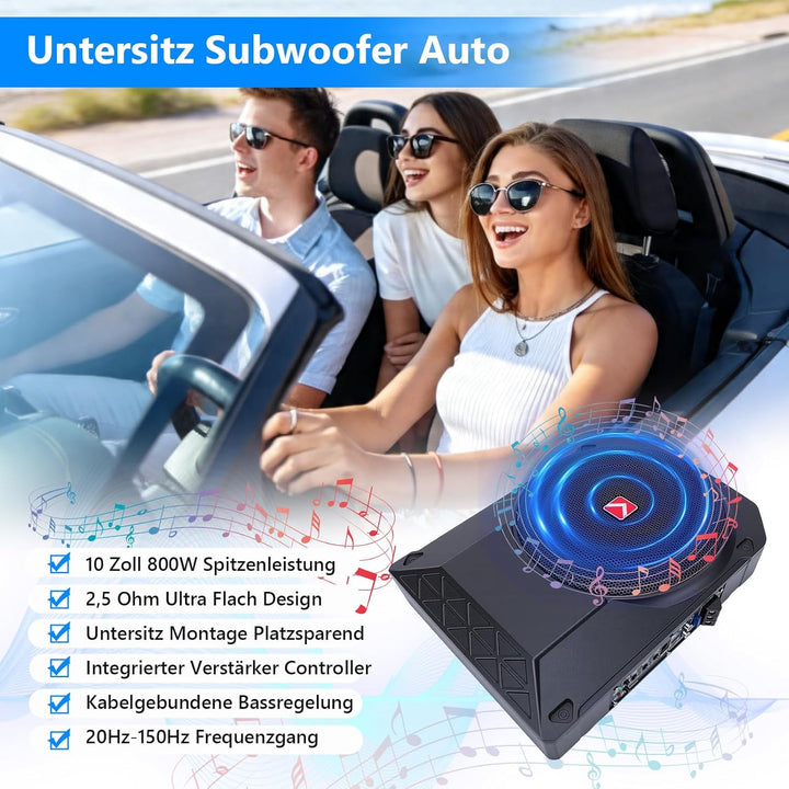 VINGVO Subwoofer Auto,10Zoll 800W Aktiv Subwoofer Für Auto,2.6 Ohm Ultra Flach Untersitz Subwoofer A
