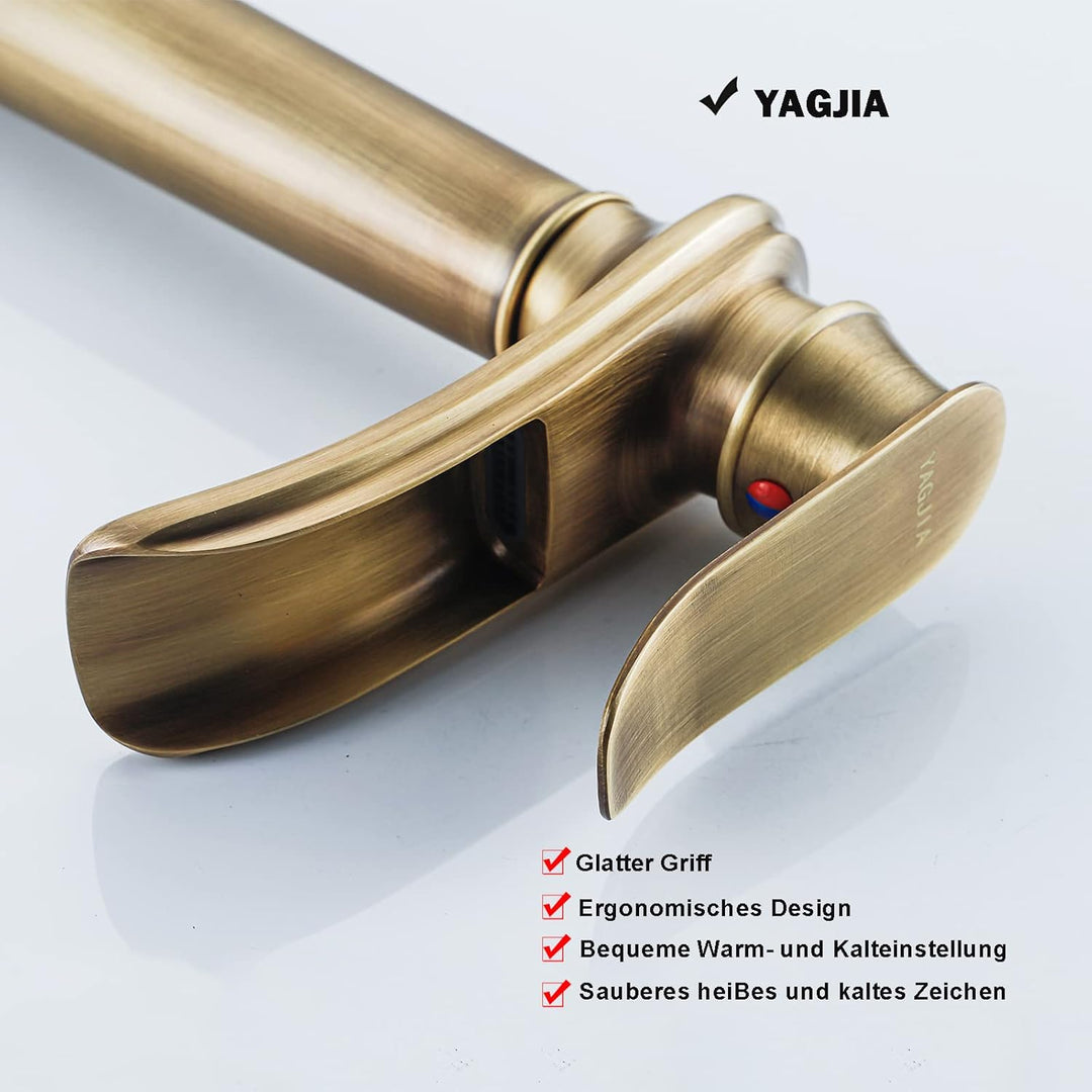 YAGJIA Wasserhahn Bad Hoch Antik, Waschtischarmatur Wasserfall Retro, Waschbecken Armaturen Messing,