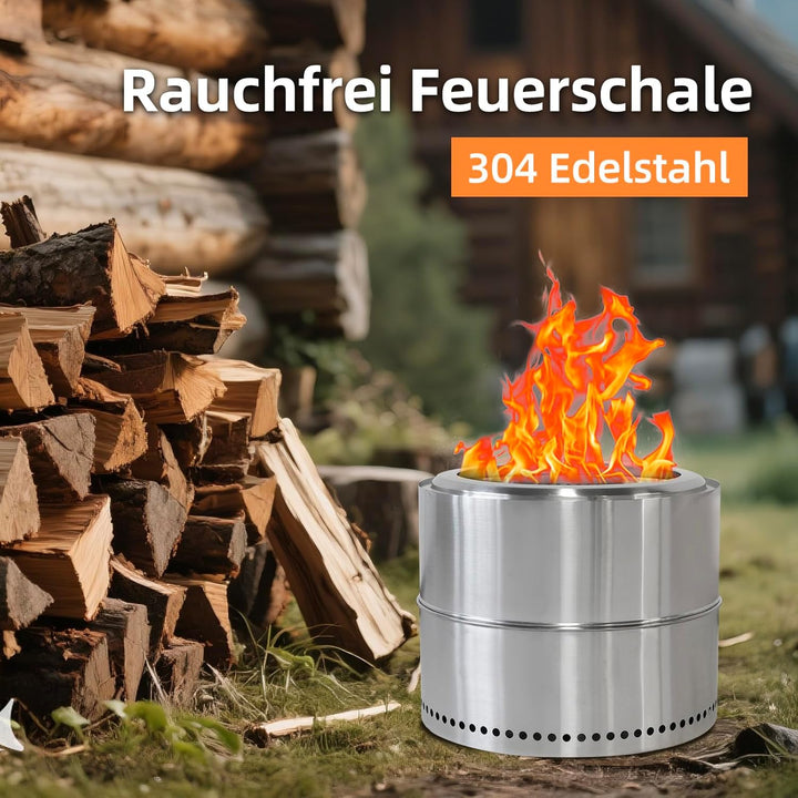 Feuerschale Edelstahl 50cm, Rauchfreie Feuerschale mit Grillrost, Aufbewahrungstasche, Abnehmbarer A