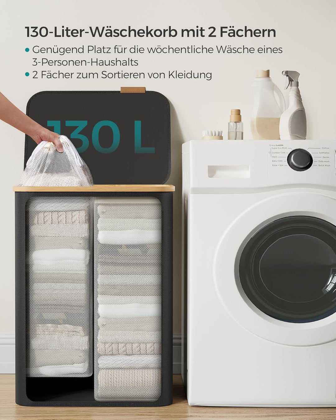 SONGMICS Wäschekorb mit Deckel, Wäschesammler mit 2 Fächern, 130 L, herausnehmbarer Wäschesack, Oxfo