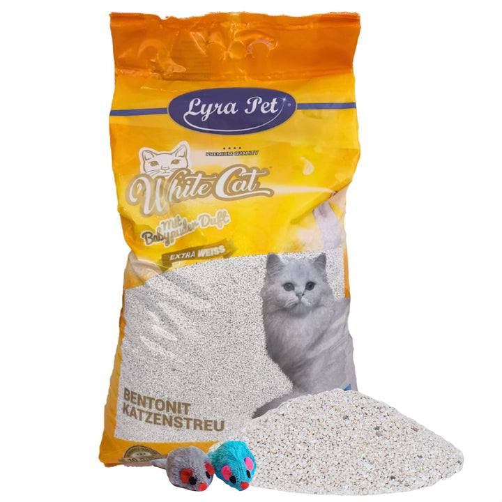 Lyra Pet® | 15 Liter White Cat Katzenstreu + 2 Spielmäuse | Mit Babypuder Duft | Feines Klumpstreu |