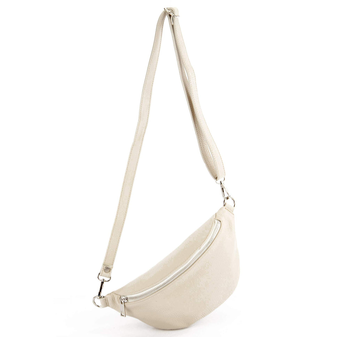 modamoda de - T211 - ital. Hüfttasche Bauchtasche Brusttasche Medium aus weichem Leder, Farbe:Creme,