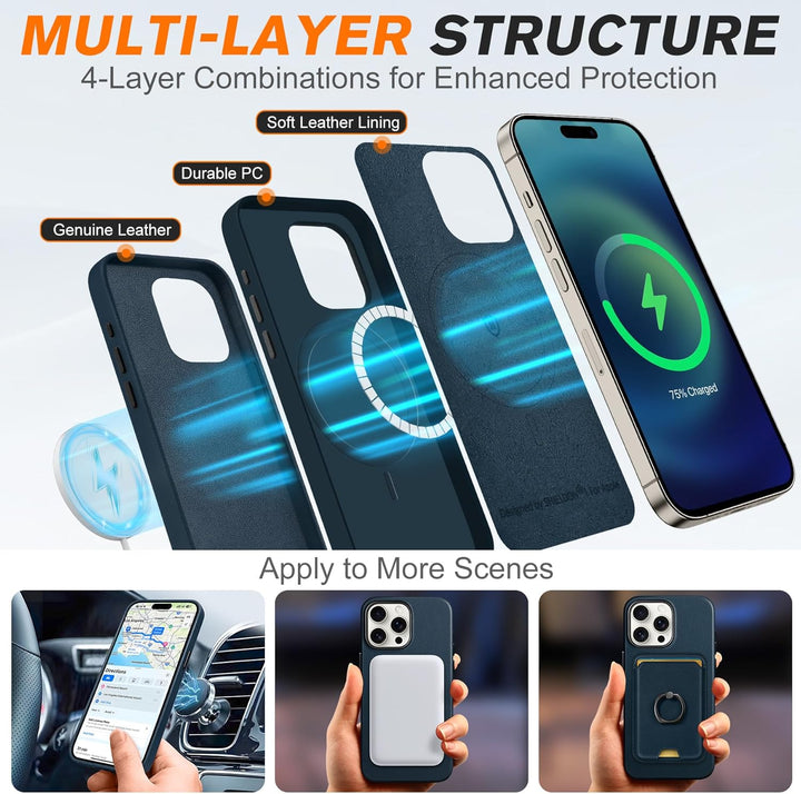 SHIELDON Hülle für iPhone 15 Pro Max Handyhülle Echt Leder Hüllen [Kabellos Laden] [Elegant Aussehen