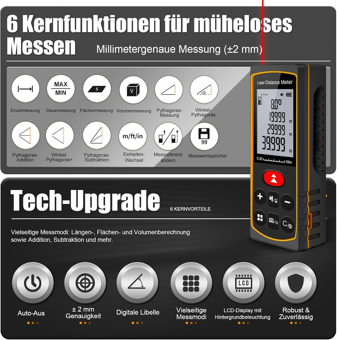 Laserentfernungsmesser 40M 60M 100M mit Winkelsensor, ±2mm Präzision Digitaler Entfernungsmesser ink