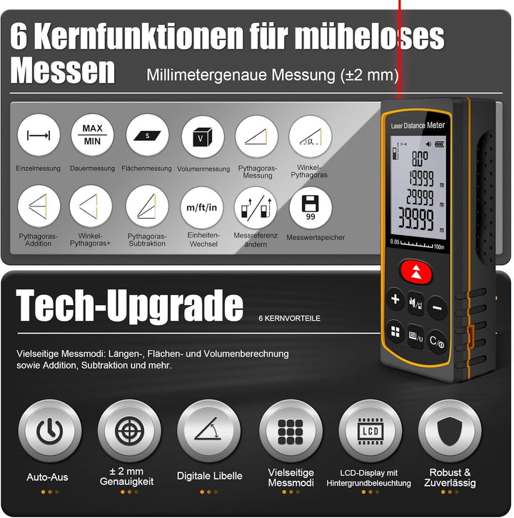 Laserentfernungsmesser 40M 60M 100M mit Winkelsensor, ±2mm Präzision Digitaler Entfernungsmesser ink