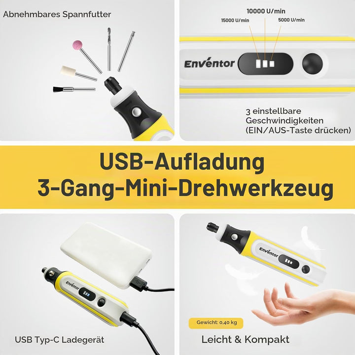 ENVENTOR Mini Multifunktionswerkzeug Akku, 4V Rotationswerkzeug mit 75 Zubehör, 5000-16000RPM, 3 Ein