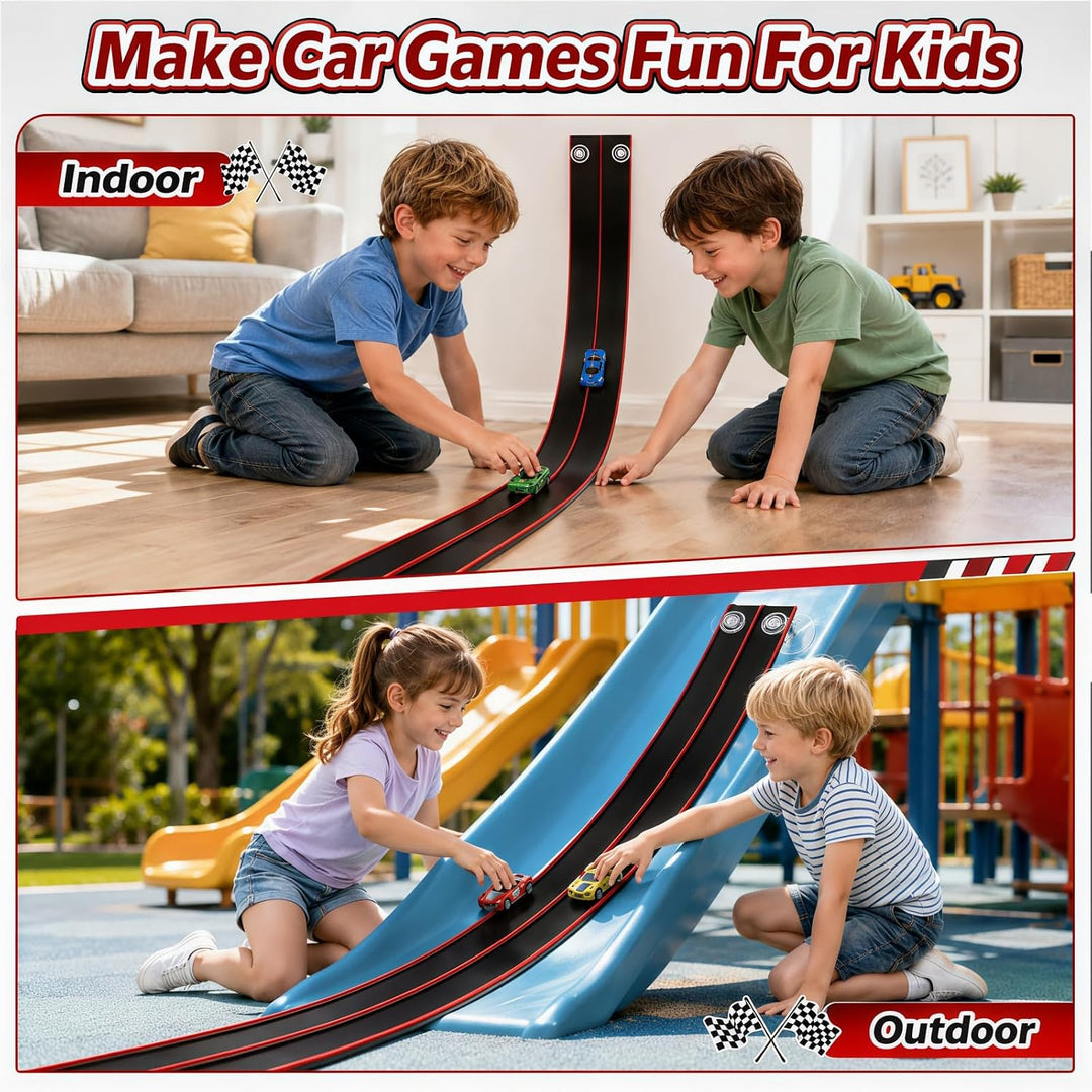 Flexible Autorennbahn Kinder, 4,5m Rennbahn Inklusive 4 Autos, Tragbare Dual-Rennstrecke für 1:64 Au