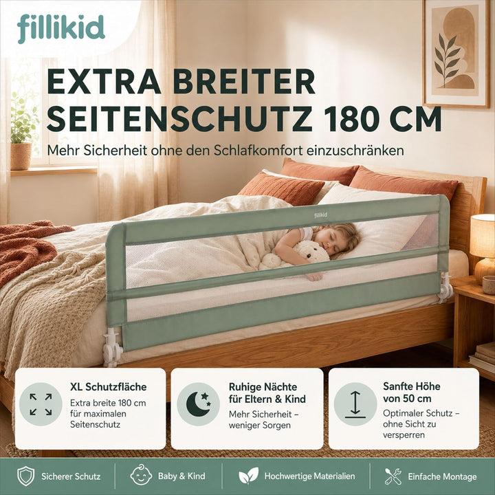 Fillikid Bettgitter Lina XL 180 x 50 cm Exklusiv | Rausfallschutz für Kinderbett & Boxspringbett | K