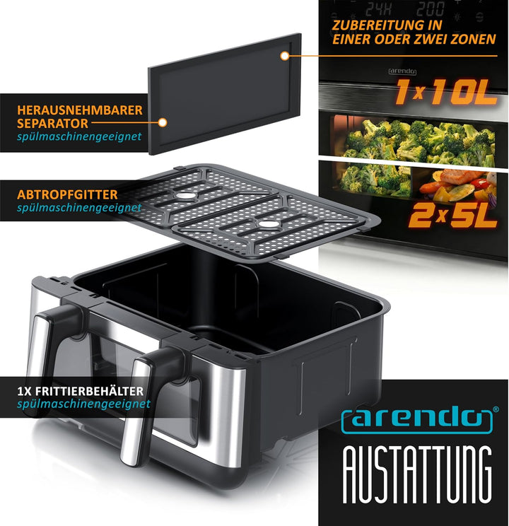 Arendo - XXL Heissluftfritteuse 10 Liter - 2 Kammern trennbar / 1 Kammer Match Funktion - extra Gros
