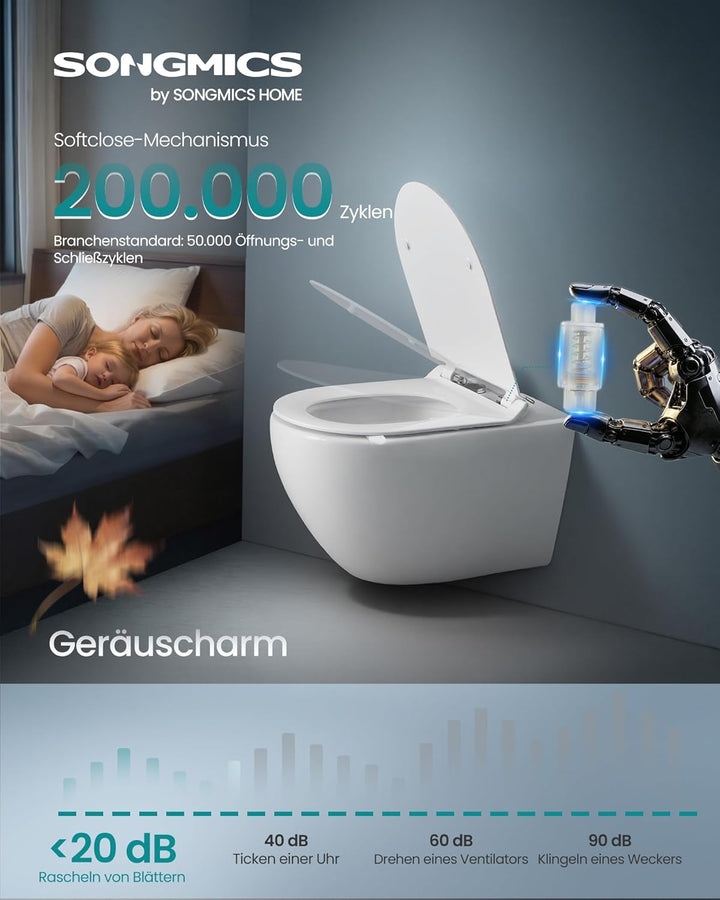 SONGMICS Toilettendeckel, kurze D-Form, WC-Sitz mit Absenkautomatik, Toilettensitz schnell abnehmbar