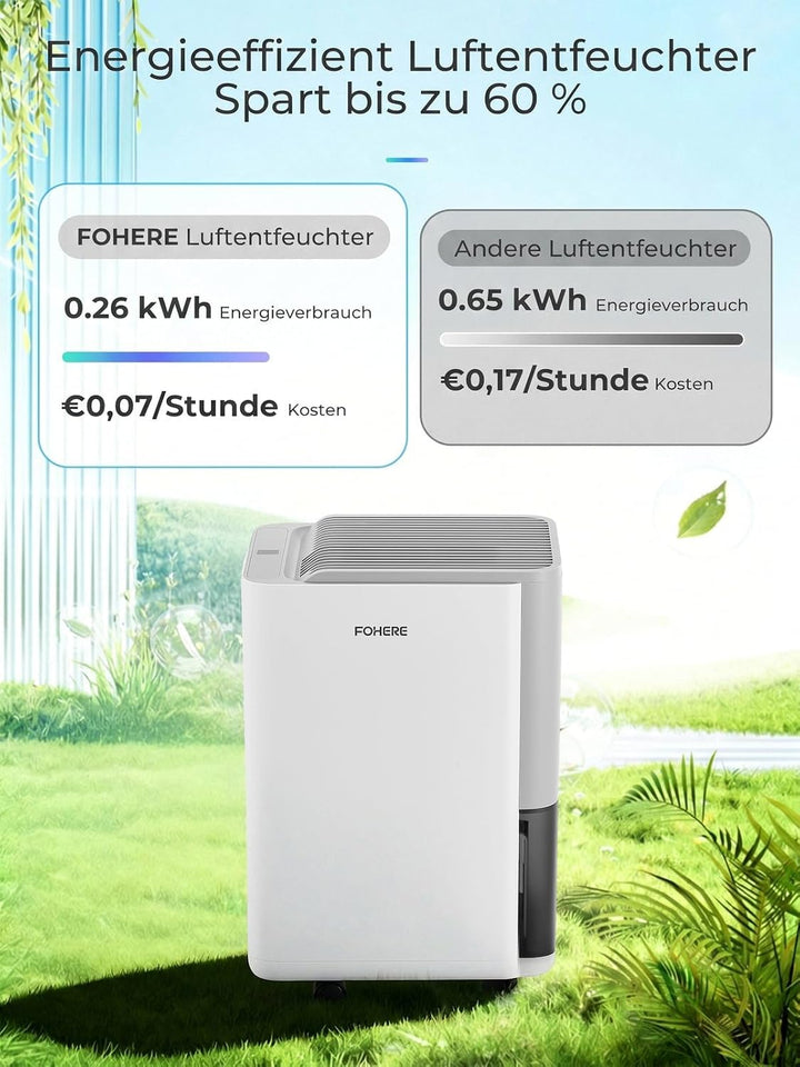 FOHERE Luftentfeuchter 30L/Tag, Raumentfeuchter bis 50 m² für Keller, Bad und Schlafzimmer, mit Hygr