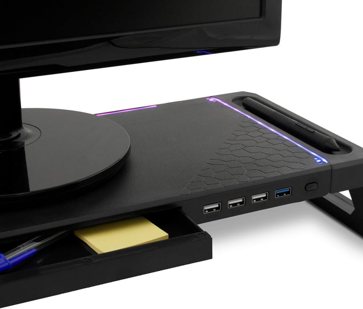SN06 Monitorständer für Gaming-Schreibtisch mit Aufbewahrungsschublade, Handyhalterung, 10 RGB-Beleu