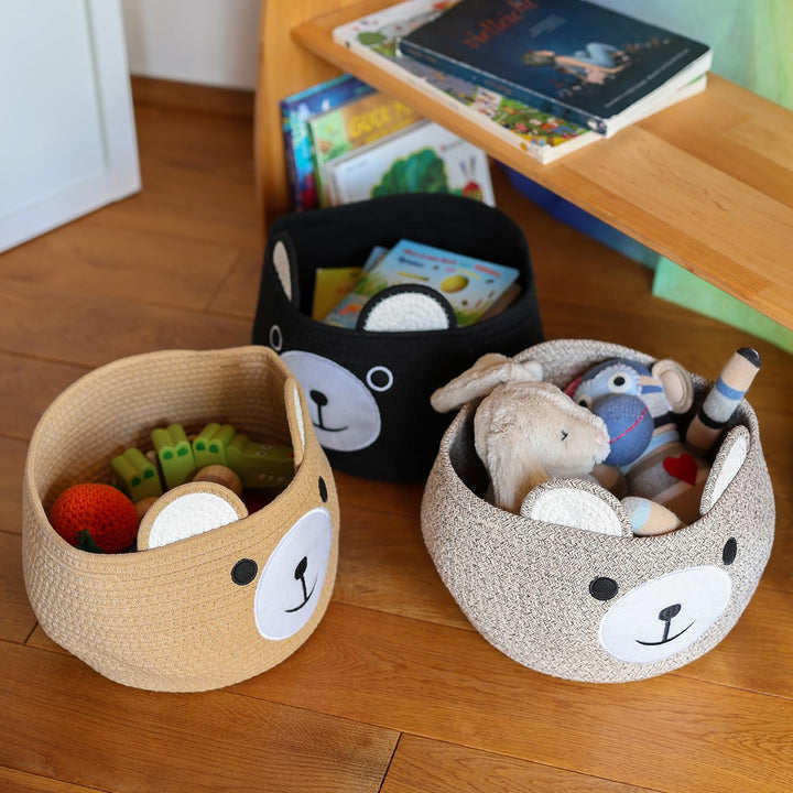 HMF Aufbewahrungskorb mit versteckten Griffen, Korb für Kinderzimmer aus Baumwolle | Bär | 30 x 24 c