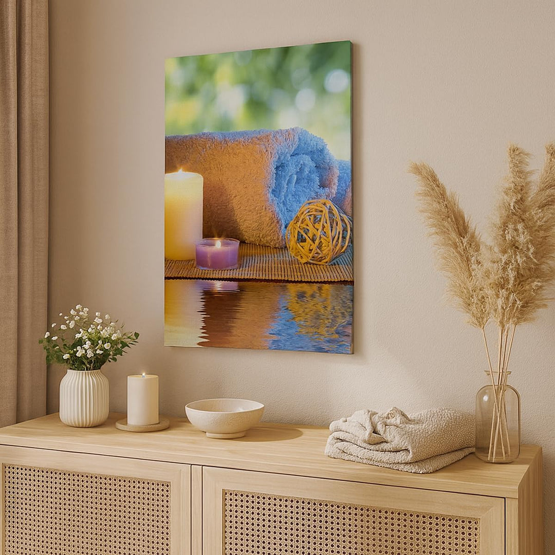 Bilder auf Leinwand 55x100cm Leinwandbild mit Rahmen Natur Entspannung Spa Kerzen Gross Wanddeko Bil