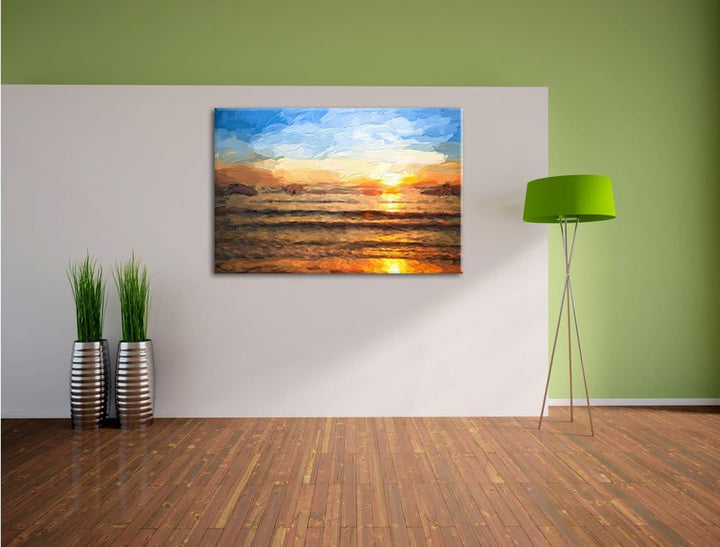 Pixxprint Malibu Beach - Sunrise Water Sand als Leinwandbild/Grösse: 100x70 cm/Wandbild/Kunstdruck/f